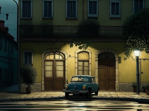 Vintage Car Parked on Quiet Night Street