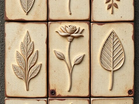 Vintage Ceramic Tiles with Botanical Reliefs