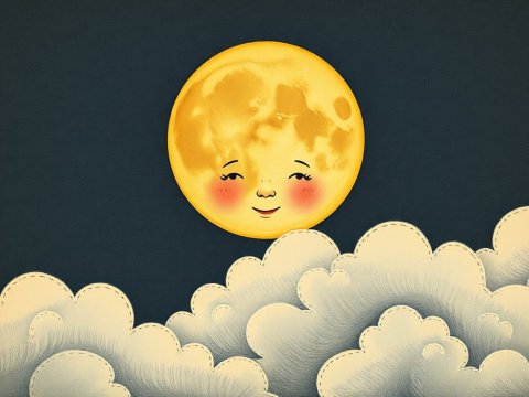 Vintage Children's Book Style Smiling Moon with Clouds