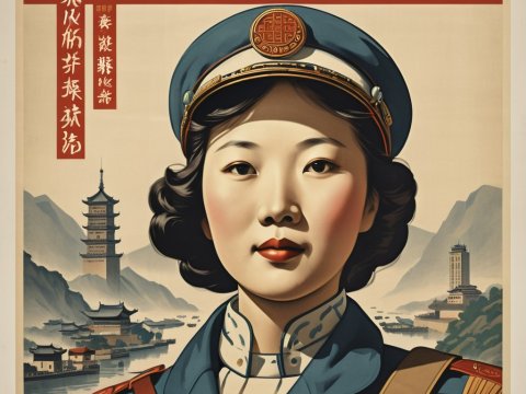 Vintage Chinese Propaganda Poster Featuring Female Officer