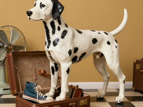 Vintage Dalmatian Figurine Standing in Open Suitcase
