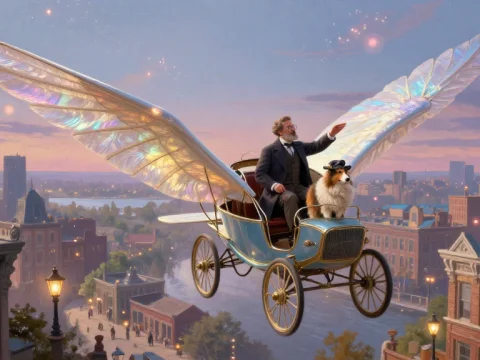 Vintage Flying Carriage with Man and Dog Over Cityscape
