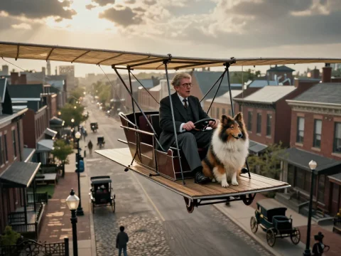Vintage Flying Machine with Man and Dog Over Historic Town