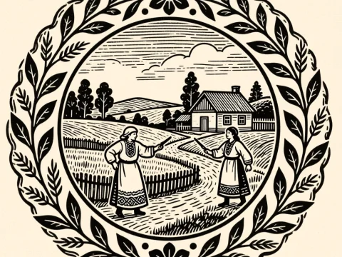 Vintage Folk Art Scene with Decorative Floral Frame