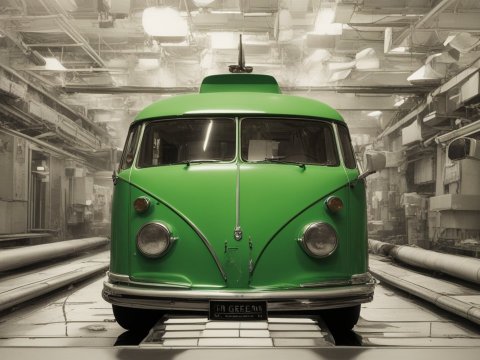 Vintage Green Van in Industrial Warehouse
