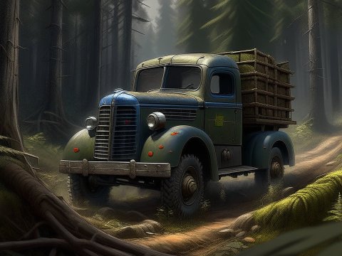 Vintage Lumberjack Truck Driving Through Dense Forest