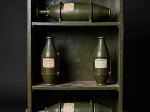 Vintage Military Storage Cabinet with WWII Artillery Shells