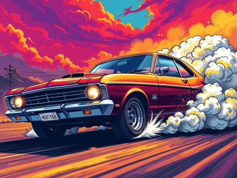 Vintage Muscle Car Burnout at Sunset