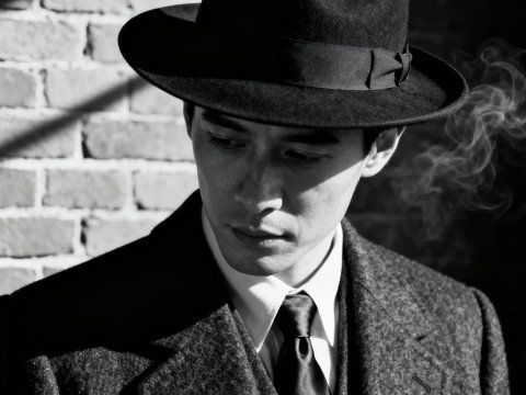 Vintage Noir Portrait of a Man in Fedora and Suit