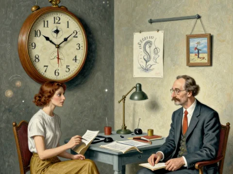 Vintage Office Scene with Clock and Two People Discussing