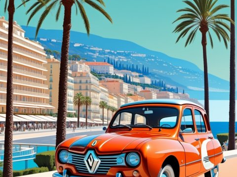 Vintage Orange Renault Car by Mediterranean Coast