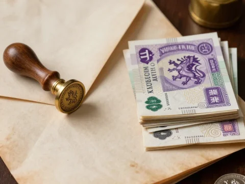 Vintage Parchment with Wax Seal Stamp and Currency