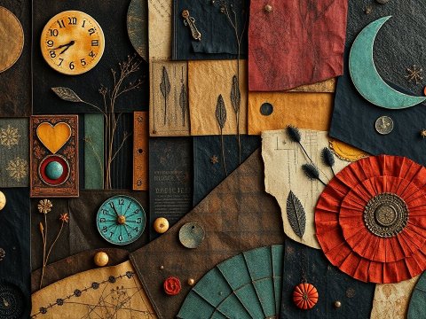 Vintage Patchwork Collage with Clocks and Botanical Elements