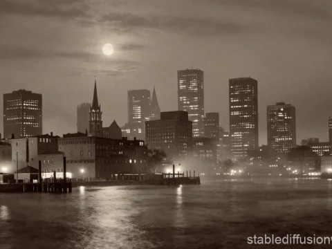 Vintage Sepia View of Boston Harbor at Night