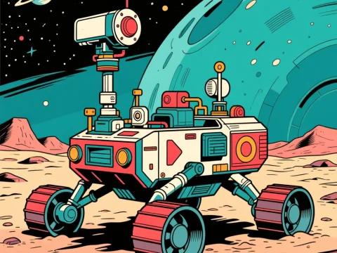 Vintage Space Rover on Alien Planet in Comic Style
