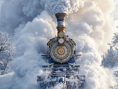 Vintage Steam Locomotive in Snowy Winter Landscape