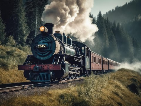 Vintage Steam Locomotive Traveling Through Forested Mountains
