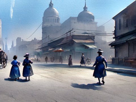 Vintage Street Scene with Women in Blue Dresses