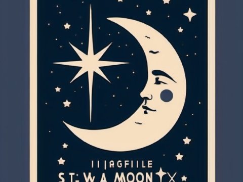 Vintage Style Crescent Moon with Stars Illustration