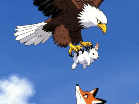 Vintage Style Eagle Seizing Rabbit with Fox and Rabbit Below