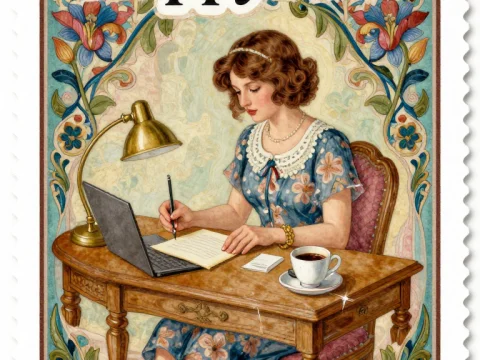 Vintage Style Illustration of Woman Writing at Desk with Laptop and Coffee