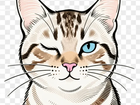 Vintage Style Winking Snow Bengal Cat Illustration