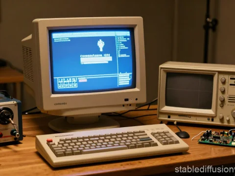 Vintage Tech Desk Setup with Classic Computer and Equipment