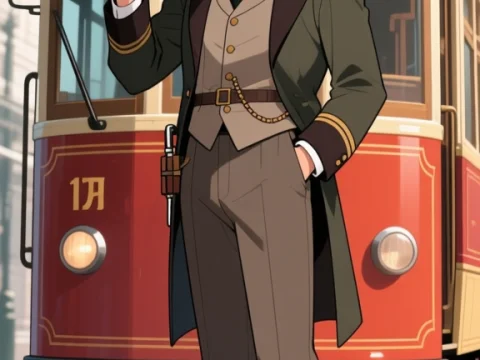 Vintage Tram Conductor in Uniform Standing by Classic Tram