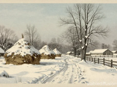 Vintage Winter Farmstead with Snow-Covered Haystacks
