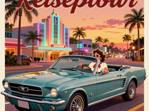 Vintage Woman Driving Classic Mustang Convertible at Sunset