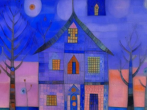 Violet Haunted Mansion in Surreal Landscape