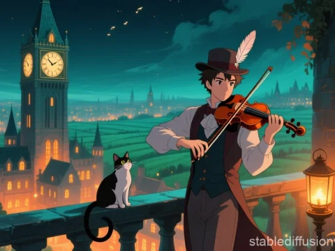 Violinist Playing on a Fantasy Balcony at Night