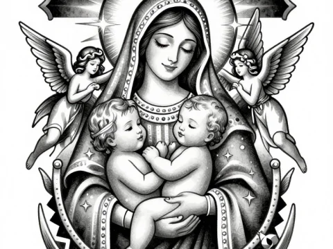 Virgin Mary Holding Two Babies with Angels and Cross