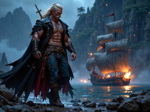 Vivid Fantasy Warrior by Burning Pirate Ship