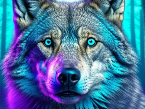 Vivid Neon Wolf Portrait in Mystical Forest