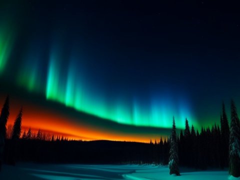Vivid Northern Lights Over Snowy Forest Landscape