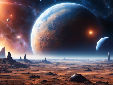 Vivid Realistic Alien Landscape with Multiple Planets