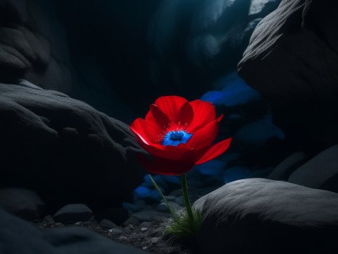 Vivid Red Flower Illuminated in Dark Rocky Cave