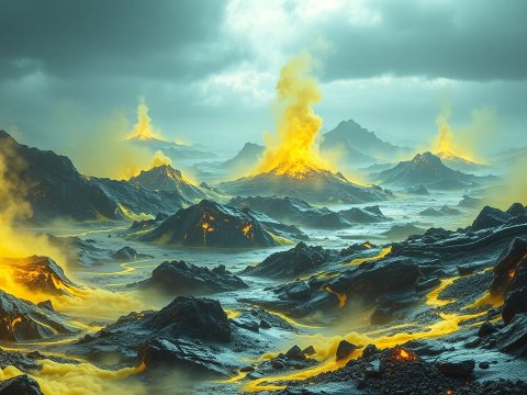 Volcanic Landscape with Erupting Lava and Smoke