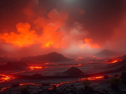 Volcanic Lava Flow Under Fiery Sky