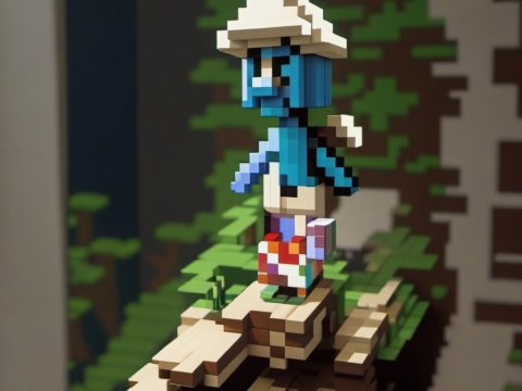 Voxel Art Smurf Character on Floating Platform