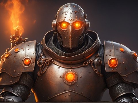 Warforged Robotic Cleric with Glowing Eyes and Armor