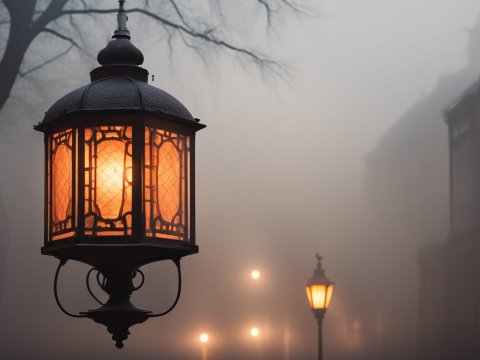 Warm Glow of Vintage Street Lantern in Foggy Evening