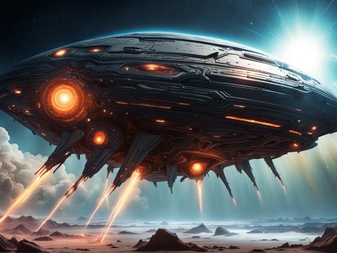 Warpdrive Spaceship Launching Over Alien Landscape