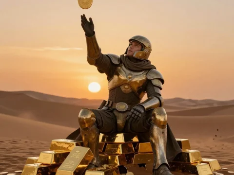 Warrior in Golden Armor Sitting on Gold Bars in Desert