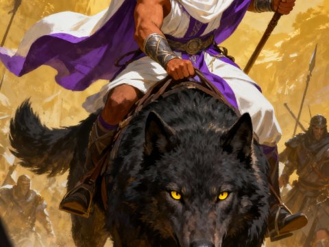 Warrior Riding a Giant Black Wolf in a Desert Battle