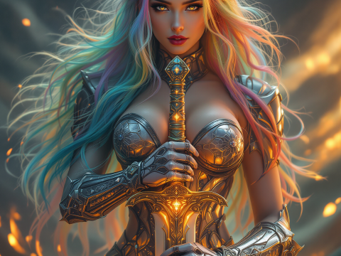 Warrior Woman with Rainbow Hair and Glowing Sword