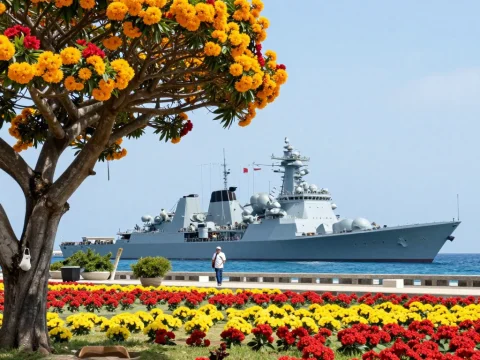 Warship by Vibrant Flower Garden on a Sunny Day