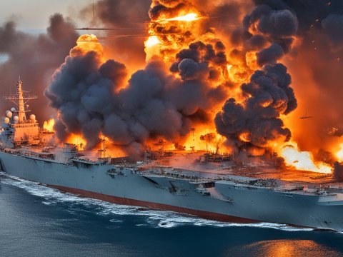 Warship Engulfed in Massive Explosion at Sea