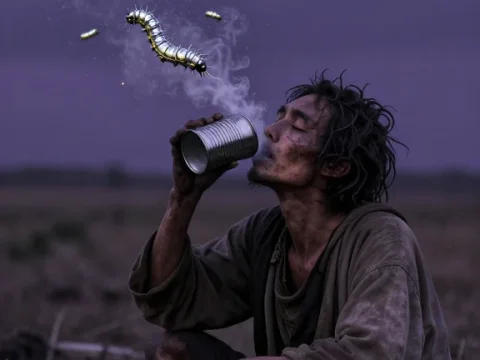 Wasteland Devotee Drinking from a Tin Can with Glowing Caterpillars